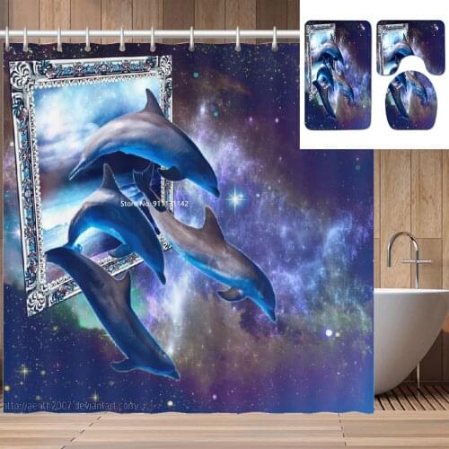 Fashion Marine Animal Dolphin Digital Print Bathroom Decoration Shower Curtain Waterproof Shower Curtain Non-slip Bath Mat 4 Pcs
