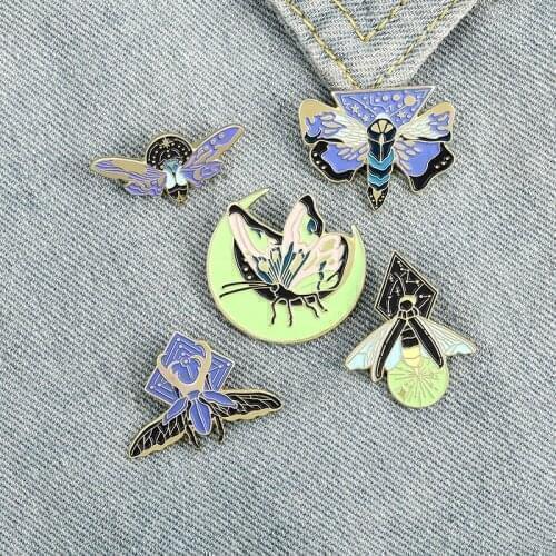 Cartoon Luminous Enamel Pins Cute Insect Moth Butterfly Moon Brooches Bag Shirt Button Badge Animal Jewelry Gift for Kids Friend