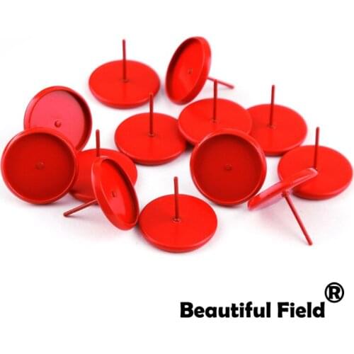 20pcs Fit 12mm Cabochons Earrings Base Ear Setting Colorful Plated Round Cameo Base Blank Tray Red With Plug