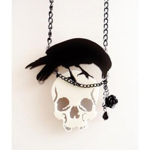 Acrylic punk rock raven flower skull pendant necklace personality crow skeleton necklace for women girl fashion jewelry