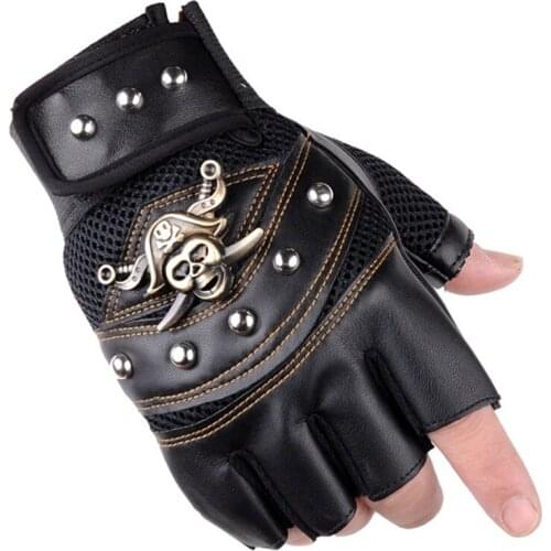 Pirate Captain PU Leather Fingerless Gloves Men Women Skulls Rivet Mitts Hip Hop Gym Gloves Female Moto Half Finger Mens Gloves