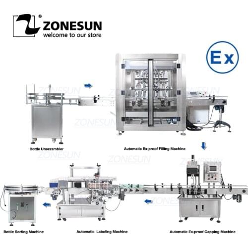 ZONESUN Full Automatic Explosion Proof Production Line Inflammable Liquid Alcohol Paste Servo Filling Capping Labeling Machine