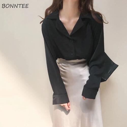 Women Shirts Classical Elegant Lady Turn Down Collar Casual Solid Simple Loose Vintage Retro Chic Ulzzang Blouses Female Tops