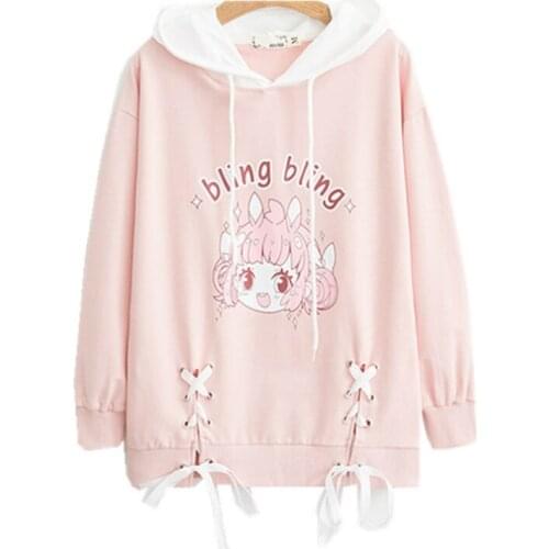 Merry Pretty Women Hooded Sweatshirts Cartoon Print Lace Up Pink Hoodies Sweet Style Girl Long Sleeve Drawstring Cute Pullovers