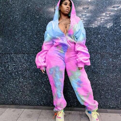 Tie Dye Print Streetwear Women Tracksuit 2 Piece Set Winter Long Sleeve Hooded Jacket and Sweatpants Casual Loose Sweat Suits