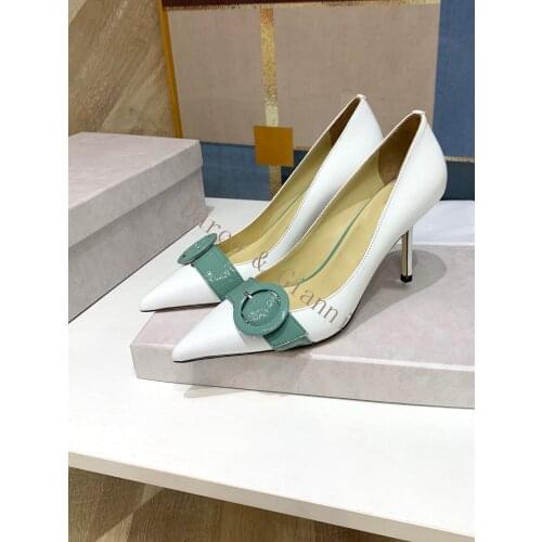 Black Patent High Heels Shoes Woman Pumps 2021 Genuine Leather Strap Buckle Fashion Party Sexy Ladies Pump Pointed toe White