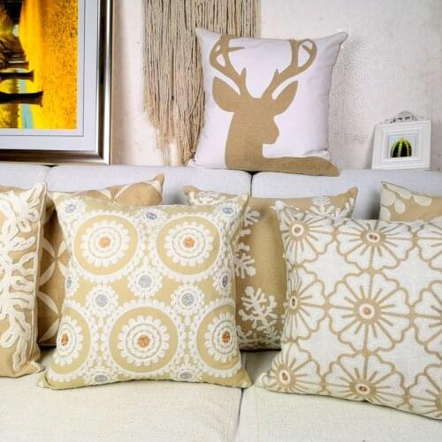 Embroidery Beige Cushion Cover Floral Christmas Snowflake Deer Pillow Case with Embroidered For Sofa Seat Home Decor 45*45cm