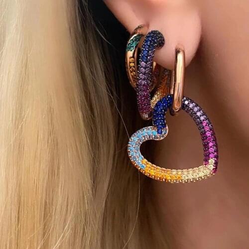 High quality Gold color Colorful heart shape cz hoop earring for women girl charm rainbow wedding party jewelry gifts wholesale