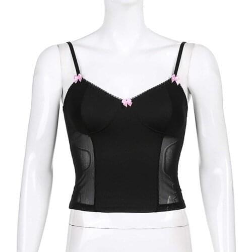Women Fashion Crop Top Cute Sexy Corset See Through Mesh Patchwork Camisole Bow Lace Trim Camis Basic Tank Tops Pad Bustier Club