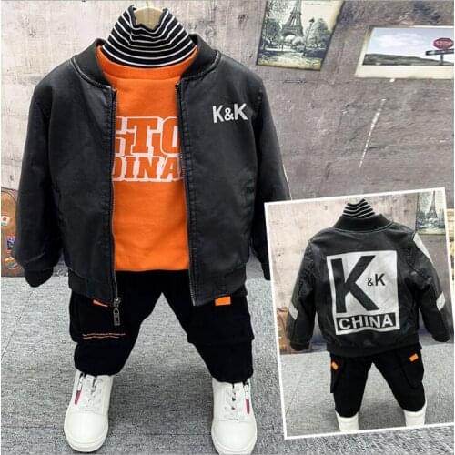 Winter Kids Clothes Sets Boy PU leather coat,Sweater,pants Suit Clothing Set baby boys Sport Suits Children Boy Clothes 2-6year