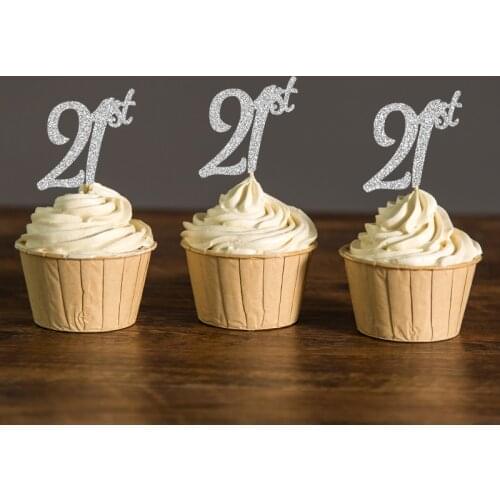 Gold/Silver/Black Glitter Twenty First Cupcake Toppers,21st Birthday Party Picks Decoration Favors Cake Decorations Supplies