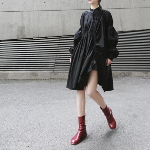 2019 European And American Dress Fashion Hipster Irregular Pleated Lantern Sleeves Large Shirt Dress