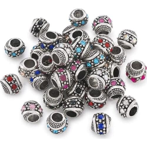 50pcs Rondelle Alloy Rhinestone European Large Hole Beads for jewelry making, Mixed Color,11x10mm, Hole: 5mm