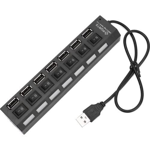 Intelligent USB 2.0 Adapter HUB 7 Port Expander Multiple High-speed LED ON/OFF Power Switch Office Computer Cables
