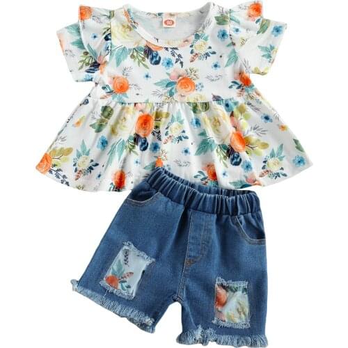 Two Piece Girls Kids Children Outfits Flower Print Flying Sleeve Tops Denim Shorts Suit Infant Toddler Summer Sets 2-7T