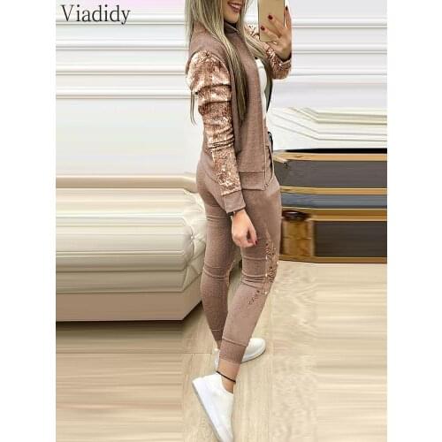 Two Pieces Set Womens Sets Sequins Zipper Design Jacket Coat & Drawstring Long Pants Set