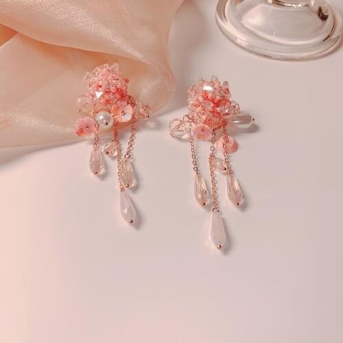 Korean Elegant Handmade Flower Crystal Long Tassel Drop Earrings For Women Grils Brincos Jewelry