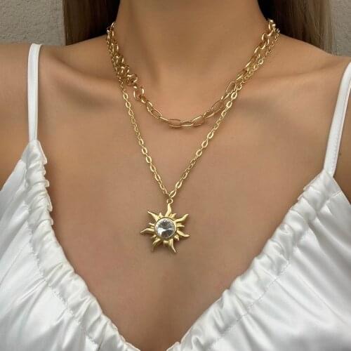 Lifefontier Bohemia Double Layer Crystal Sun Pendant Choker Necklace Boho Gold Color Metal Chains Necklaces for Women Jewelry