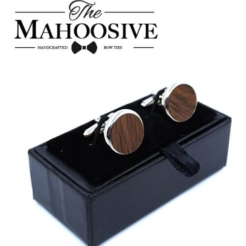 MAHOOSIVE Wooden Cufflinks Wedding Groom Round Black Walnut Cufflinks For Mens shirt accessories Casual Cuff Link with Gift box