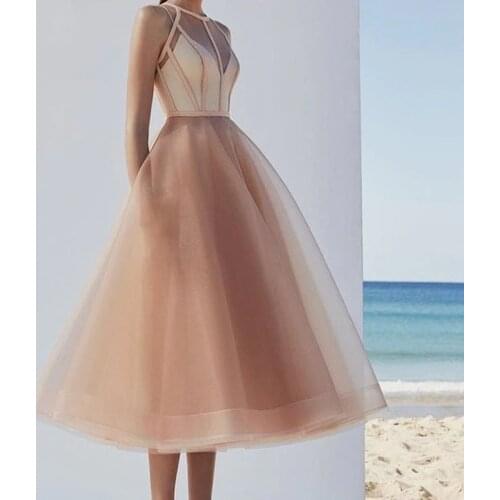 Fashion Champagne Tea Length Prom Gowns Elegant See Thru Sexy Cocktail Dresses Pretty Formal Dress For Graduation Evening Party