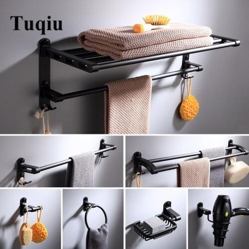 Bathroom Accessories Set Space Aluminum Black Bath Hardware Sets Towel Rack,Paper holder Toilet Brush Holder Robe Hooks