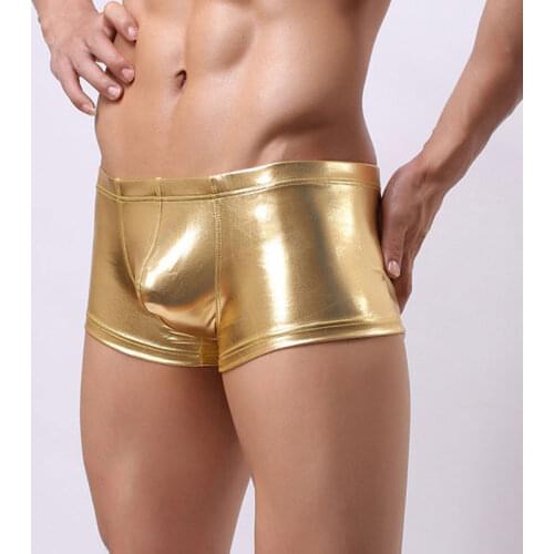 Sexy Men Glod PU Low Waist Thong Panties Men Underwear Trunk Shorts Faux Leather Lingerie Erotic Lingerie Club Gay Wear 8