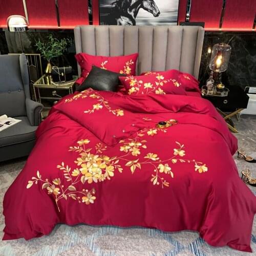 Wedding red New Arrival Luxury 60S Cotton Embroidery Bedding Set Queen King Size Duvet Cover Set Gray leaf Embroidery