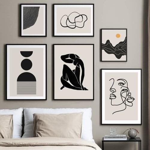Trendy Abstract Creative Minimalist Line Black Beige Wall Art Canvas Painting Poster Print Pictures for Living Room Home Decor