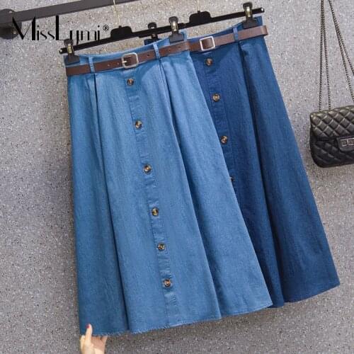 4XL Plus Size Women Single Breasted Denim Skirt Summer 2021 Fashion Solid HIgh Waist Ladies Pleated A-line Midi Skirt With Belt