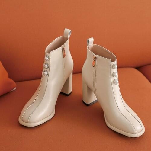 Women boots Genuine leather Female boots pearl black white High heels Autumn winter fashion Womens shoes Size 34-42