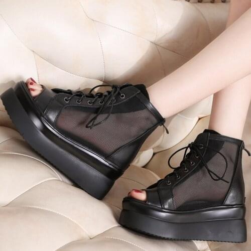 Ladies Fish Mouth Sandals 2021 New Sponge Cake Thick Bottom Bandage Roman Womens Shoes Mesh Breathable Sandals Women