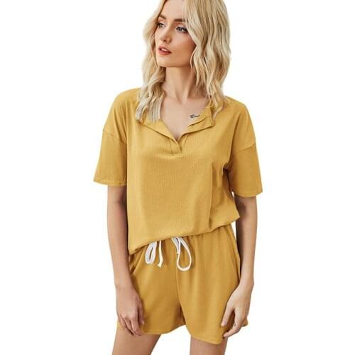 Womens Summer Striped Knitted Home Suit V-neck Solid Short Sleeve Shorts Jogging Sports Leisure Suit Cool Loose Two Piece Set