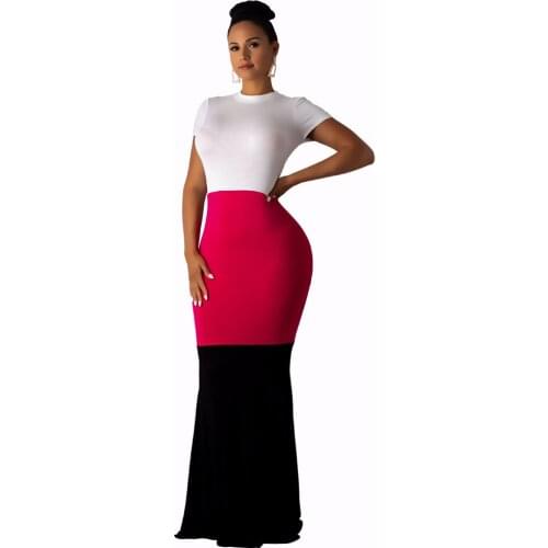 S-XL Stitching Multicolor Round Neck Fishtail Skirt Dress Generous Commute