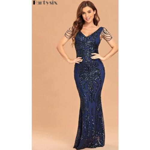 Partysix Elegant V Neck Evening Dress Sexy Navy Sequin Dress For Women Party Beading Long Prom Dress