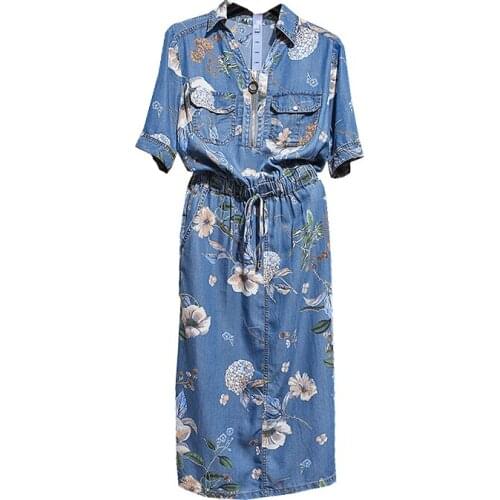 2021 Ladies Summer Elegant Floral Denim Dress Shirt High Quality Cocktail Party Robe Ladies Retro Skirt