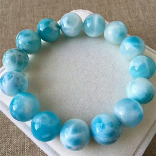 Genuine Natural Blue Larimar Ice Gems Big Round Beads Healing Stone Women Man Bracelet AAAAA 14mm