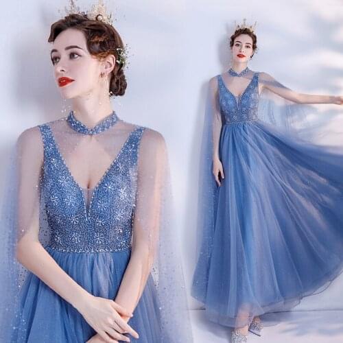 Long greydish blue fairy sequined mantillas sweet lady girl women princess prom banquet party performance dress gown free ship