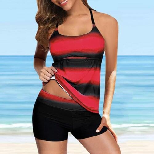 Women Striped Gradient Tankini Plus Size Swimwear With Shorts Padded Push Up Female Beachwear Bathing Suit Vintage Swimdress