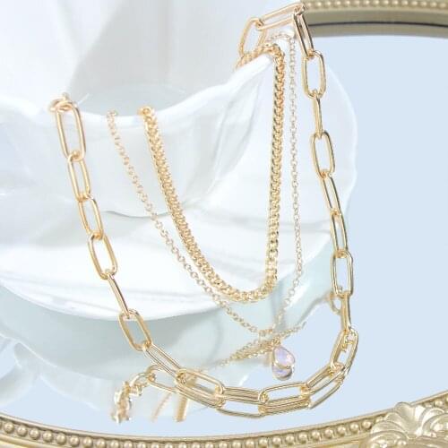 Flatfoosie Fashion Multi-layer Metal Chain Necklace For Women Simple Gold Color Crystal Stone Pendant Necklace 2021 Jewelry Gift
