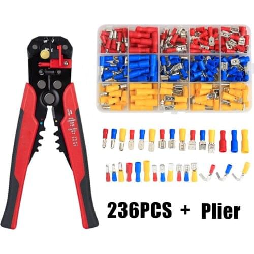 236PCS Assorted Spade Bullet Piggyback Wire Crimp Terminals Electrical Wire Connector Crimp Plier Tool Kit AWG22-10/0.5-6.0mm2