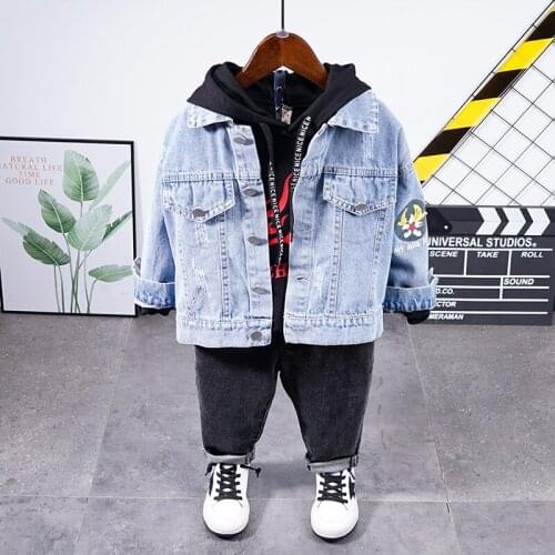 3PCS Spring Autumn Kids Clothes Baby Boys Costume Letter Tracksuit Denim jacket + Hoodie + Jeans Children Boys Outfits Sets 2-7Y