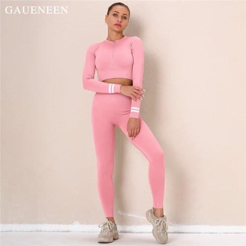 GAUENEEN Women Gym Clothing Tracksuit Fitness Yoga Set Sport Jacket Zipper Long Sleeve Crop Top Seamless Leggings Yoga Wear