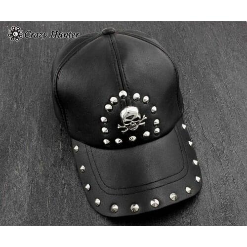 Skull Studded Mens Genuine Real Leather Biker Trucker Punk Rocker Peaked cap Hat