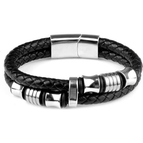 Punk Stainless Steel Bracelets For Men Magnetic Buckle Multilayer Genuine Leather Braided Bracelet Black Charms Jewelry Gift