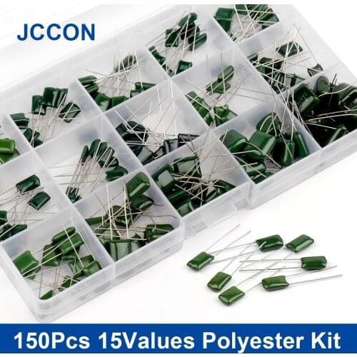 150Pcs 15Values Polyester Film Capacitor Assortment Box Kit 0.33NF 2A331J 470NF 2A474J 2A821J 2A102J 2A393J 2A474J