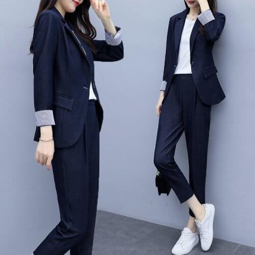 2021 Spring Autumn New Women Fashion Slim OL Profession Two-piece Set Long Sleeve Suit Top + High Waist Nine Points Pants Y719