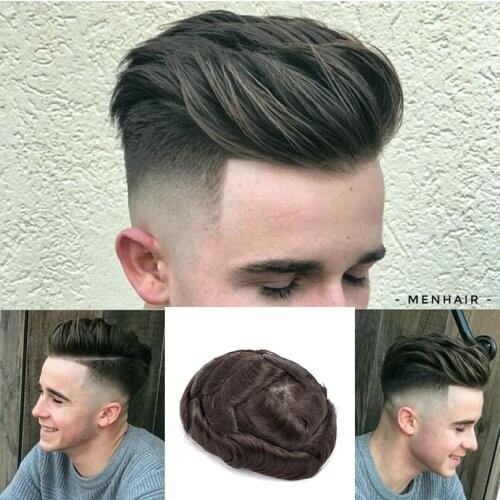 BYMC 100% Remy Human Hair Mens Toupee Mono Toupee Natural Hairline Lace With PU Clips Replacement System Toupees Men Hair Wigs