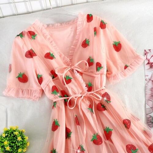 2020 New arrive Strawberry A-Line V-Neck Ankle-Length Short Sleeves Dress