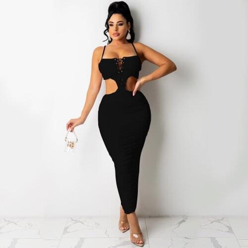 RMSFE 2021 Ladies Sleeveless Fashion Solid Color Sexy Suspender Strap Wrap Chest Fold Backless Dress