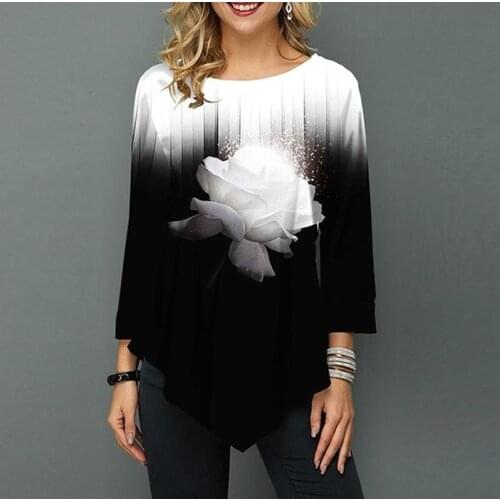 Shirt Women Spring Summer Printing Blouse 3/4 Sleeve Casual Hem Irregularity Female fashion shirt Tops Plus Size